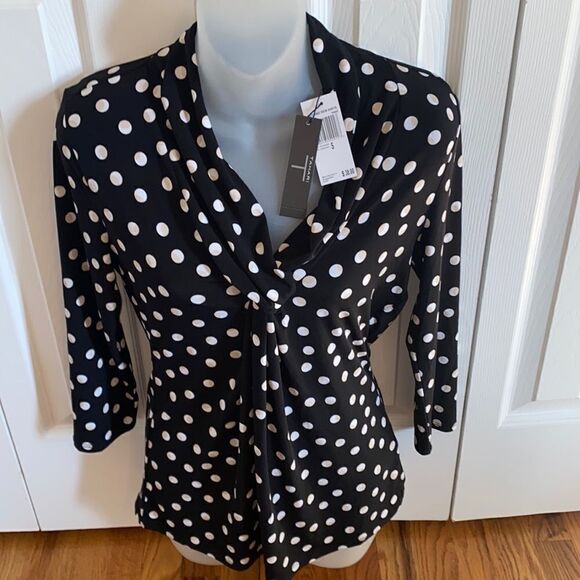 Tahari Cut and Sew Knit Top blouse shirt Polka Dot Knotted V Neck Small S NWT - Picture 1 of 5